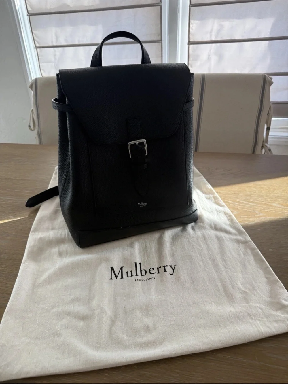 Mulberry Black Pebbled Leather Backpack with Buckle Flap